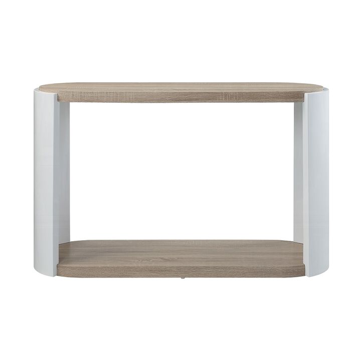 Romani Sofa Console Table, White High Gloss Wood, Brown, Oval 47 Inch