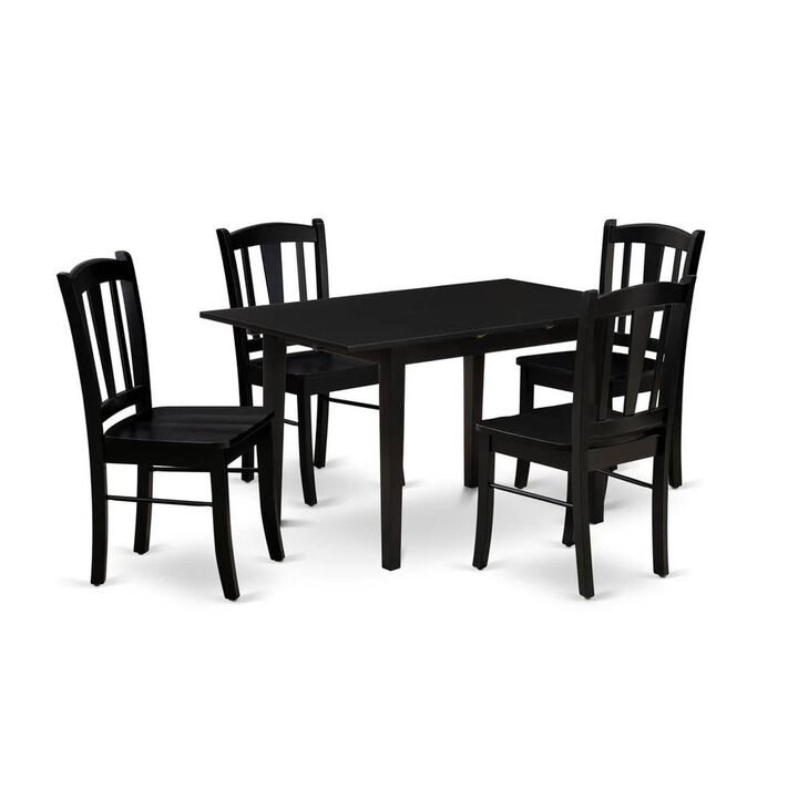 NFDL5-BLK-W - 5-Piece Kitchen Table Set- 4 Wood Chair with Wooden Seat and Slatted Chair Back - Butterfly Leaf Rectangular Dining Table (Black Finish)