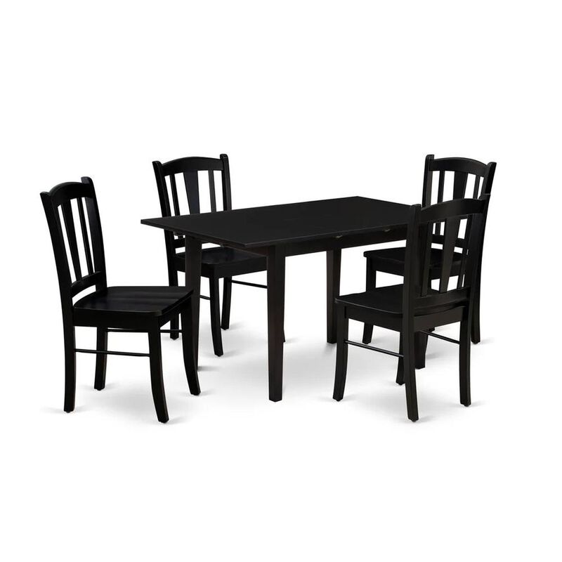 NFDL5-BLK-W - 5-Piece Kitchen Table Set- 4 Wood Chair with Wooden Seat and Slatted Chair Back - Butterfly Leaf Rectangular Dining Table (Black Finish)