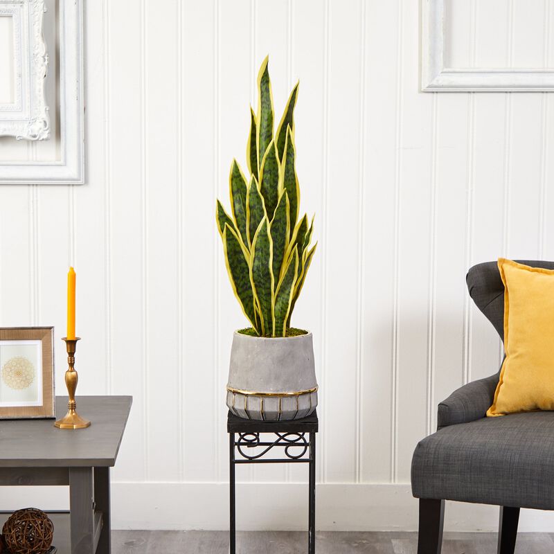 HomPlanti 34" Sansevieria Artificial Plant in Stoneware Planter with Gold Trimming