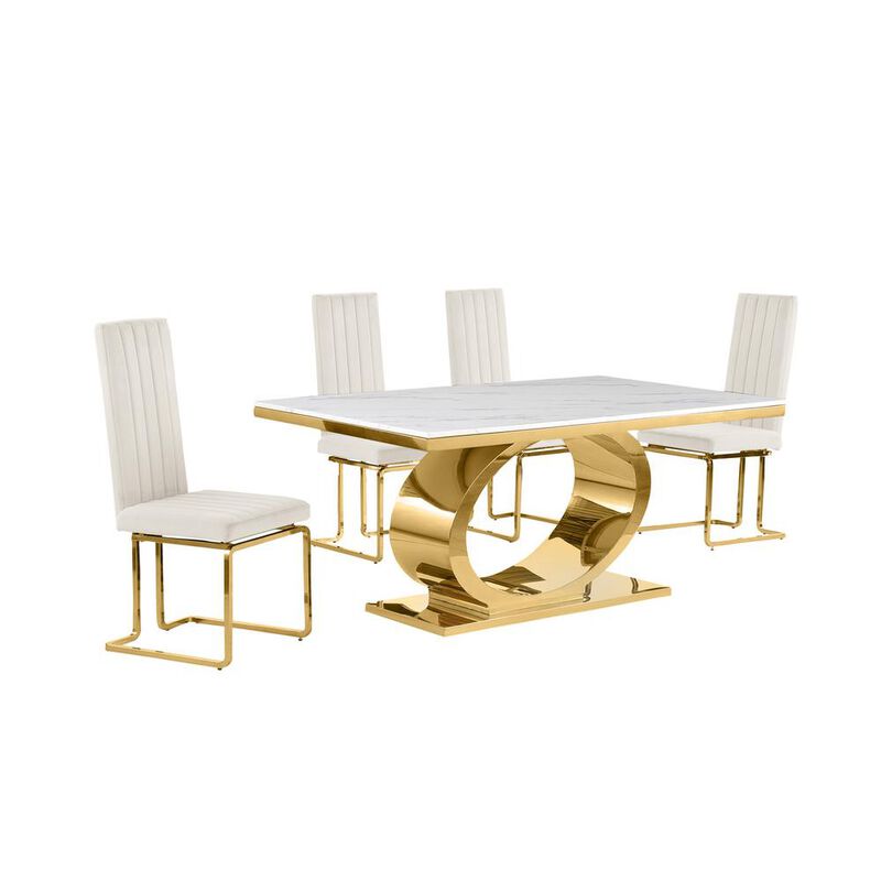 Best Quality Furniture 5pc Small(68) marble top dining set with gold base and 4 Cream side chairs