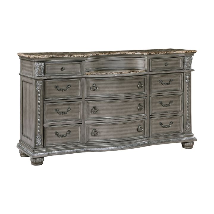 Toga 69 Inch Dresser with 11 Drawers, Gray Acacia Wood, Carved Details - Benzara