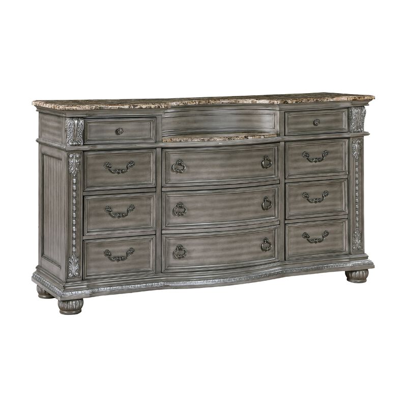 Toga 69 Inch Dresser with 11 Drawers, Gray Acacia Wood, Carved Details - Benzara