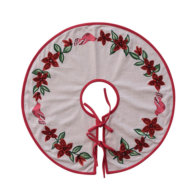 Embroidered Cotton Tree Skirt with Birds & Poinsettias image number 0