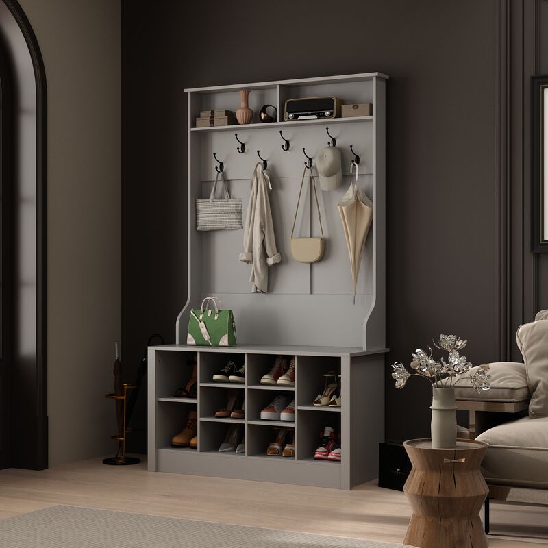 68.5 in. Black Wood 3-in-1 Hall Tree Coat Rack Storage Bench with 7-Metal Double Hooks and Shelves image number 2