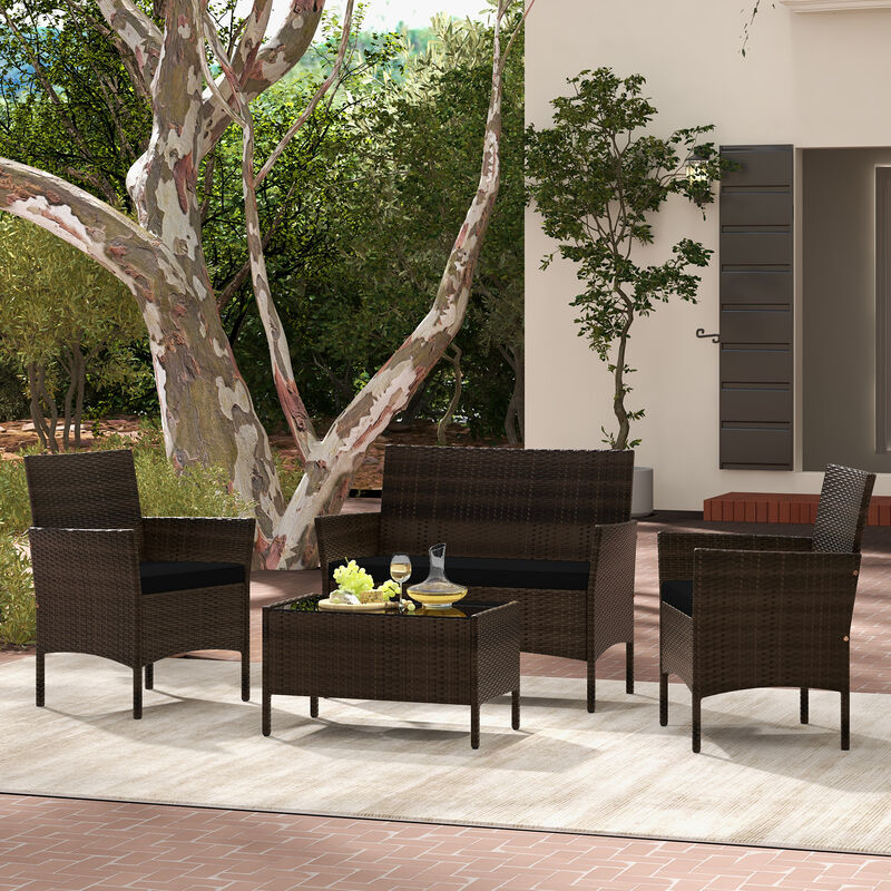 4 Piece Patio Rattan Conversation Set with Cozy Seat Cushions