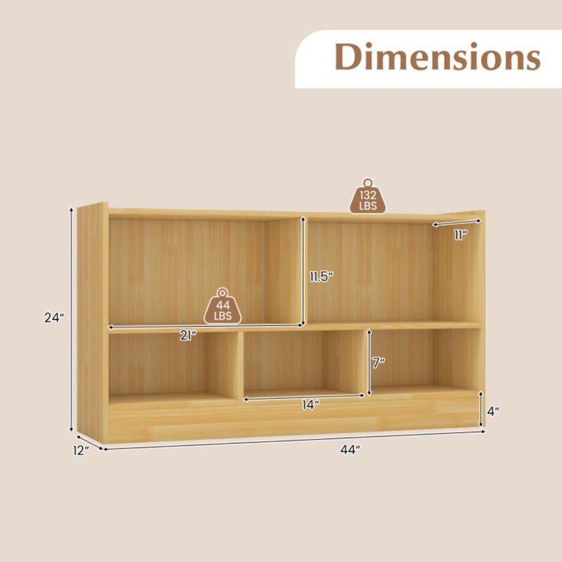Hivvago Kids 2-Shelf Bookcase 5-Cube Wood Toy Storage Cabinet Organizer