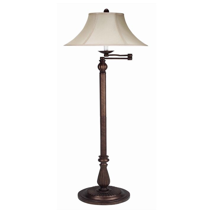 Swing Arm Metal Body Floor Lamp with Fabric Bell Shade, Bronze and Beige-Benzara