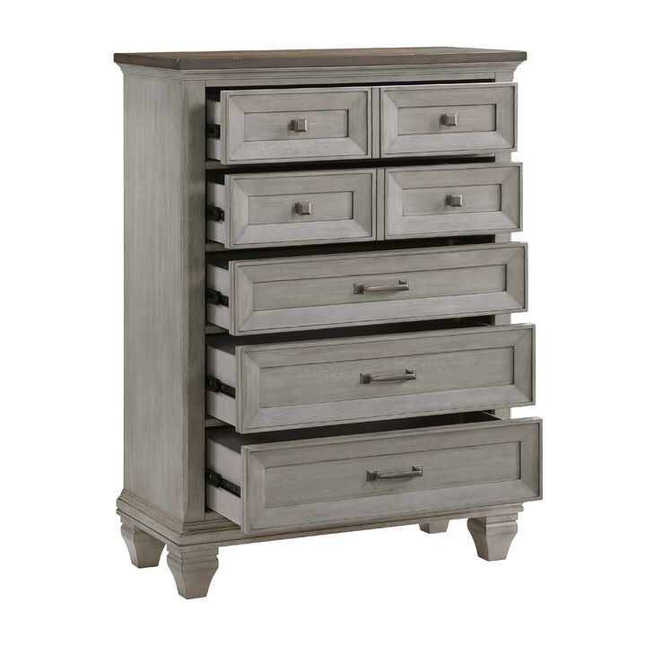 Giny Tall Dresser Chest, 5 Drawers, Brown and Antique Gray Acacia Wood - Benzara