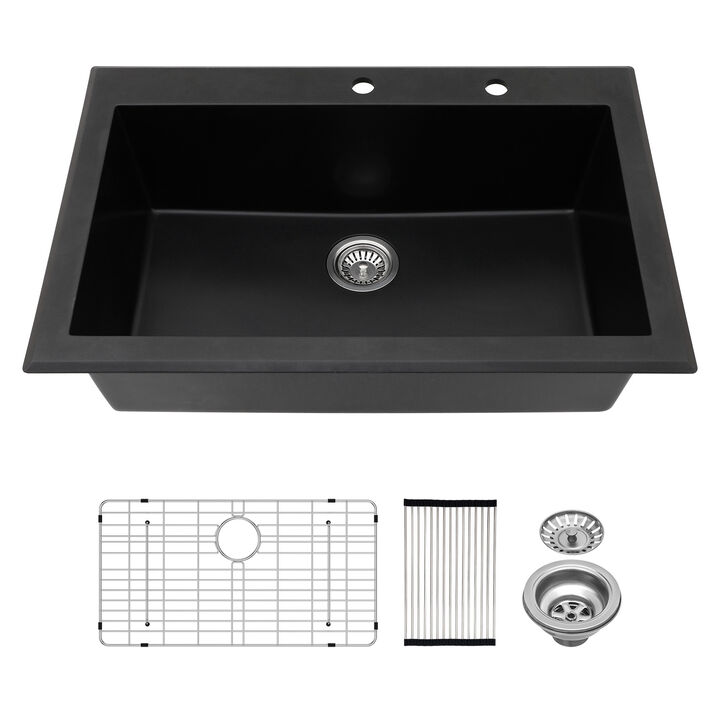 33x22x10 Inch Black Granite Composite Drop In kitchen Sink Single Bowl Quartz Kitchen Sink With Beveled Edge