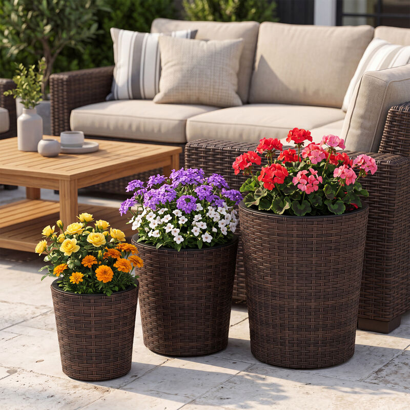 3 Pack Plastic Flower Pots with Saucers for Porch and Garden image number 1