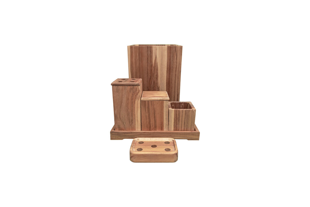 EcoDecors Eleganto 9 Piece Teak Wood Fully Assembled Bathroom Amenities Set in Natural Finish