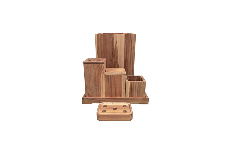 EcoDecors Eleganto 9 Piece Teak Wood Fully Assembled Bathroom Amenities Set in Natural Finish image number 0