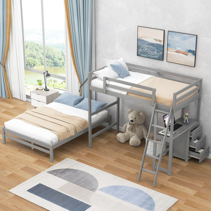 Whisen Morden Design Twin over Full Bunk Bed with Built-in Desk and Three Drawers image number 3