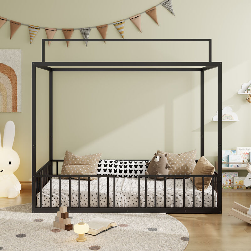 Merax Convertible Montessori Metal floor bed,Fenced toddler bed