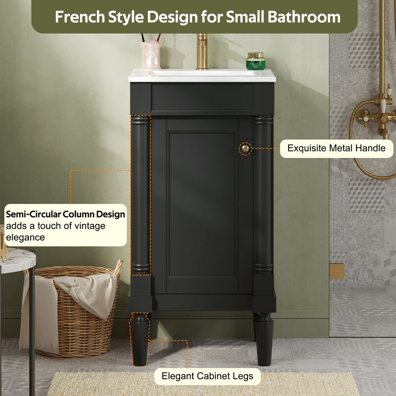 ELEMENT ACE 18 Inch Compact Bathroom Vanity Cabinet with Integrated Ceramic Sink, Adjustable Interior Shelf, Soft Closing Hinges Ideal for Small Bathroom Spaces image number 6