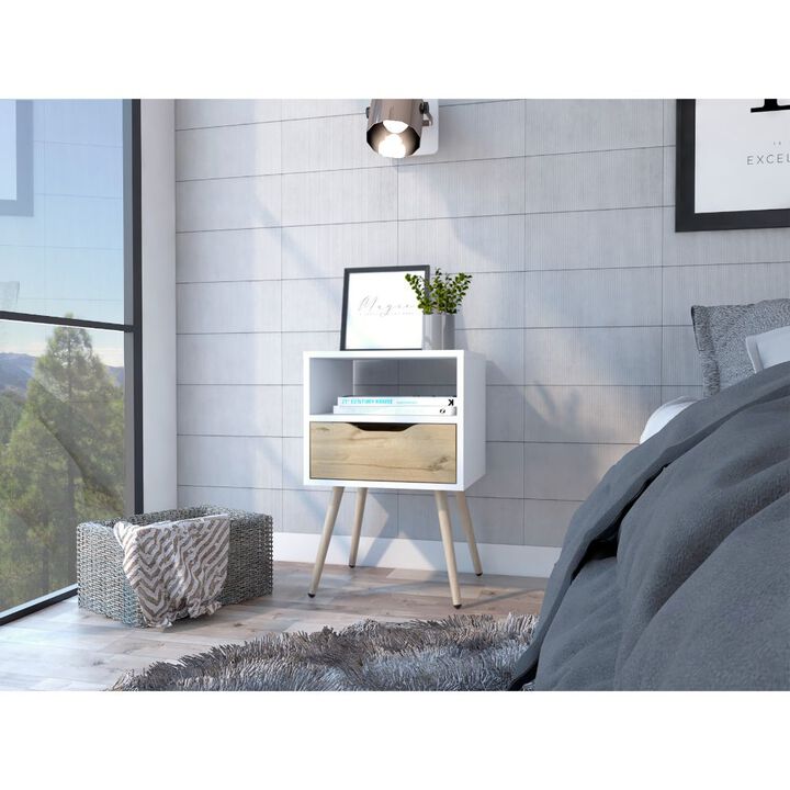 Streamdale Otom Nightstand: White Light Oak, Drawer, Open Shelf