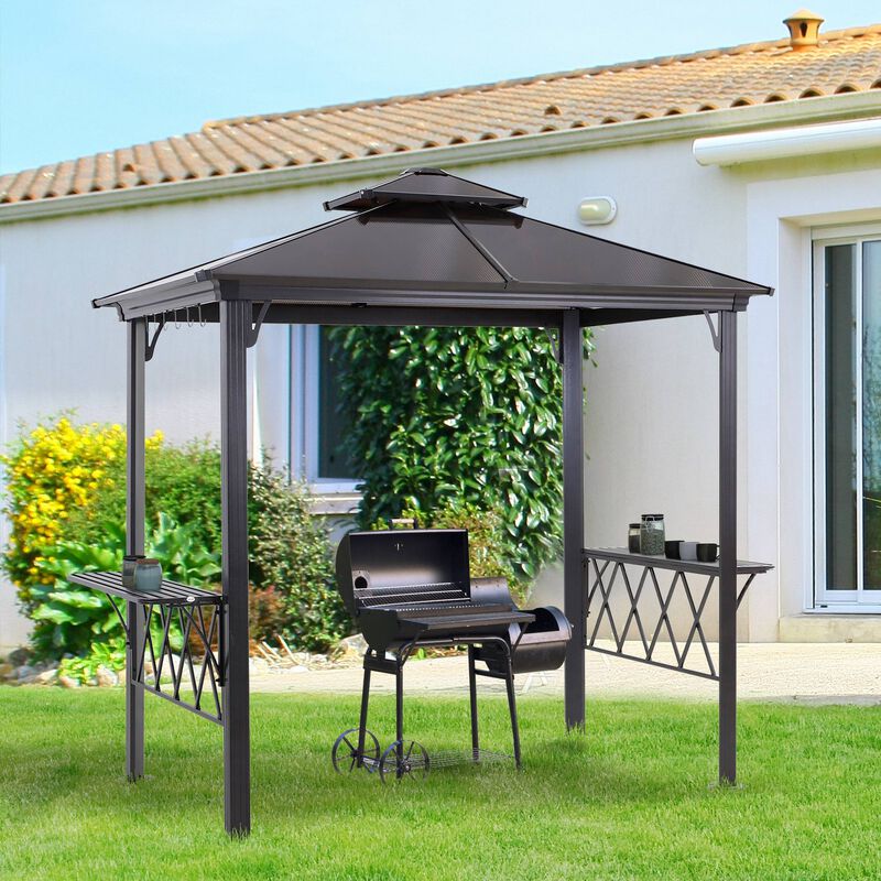 Outsunny 9' x 5' Grill Gazebo, Hardtop BBQ Gazebo Canopy with 2-Tier Polycarbonate Roof, Shelves Serving Tables and Hooks, for Backyard Patio Lawn