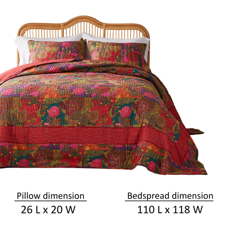 Lewi 3pc Queen Quilt Set, Floral, Kantha Style Dark Red Floral Cotton - Benzara