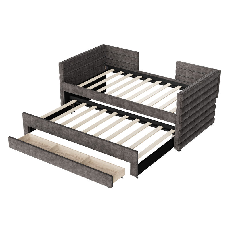 Merax Twin Size Upholstered Daybed with Trundle and 3 Storage Drawers image number 1