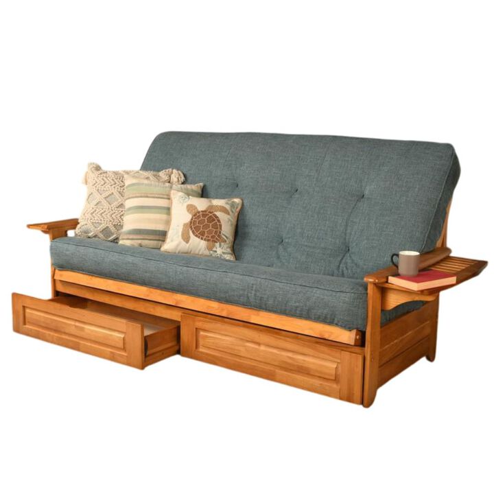 Phoenix Frame Queen-Butternut Finish-Linen Aqua Mattress-Storage Drawers