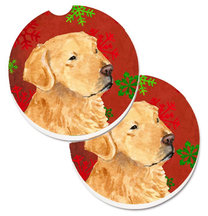 Caroline's Treasures Golden Retriever Red green Snowflake Holiday Christmas Set of 2 Cup Holder Car Coasters SS4683CARC, 2.56, Multicolor
