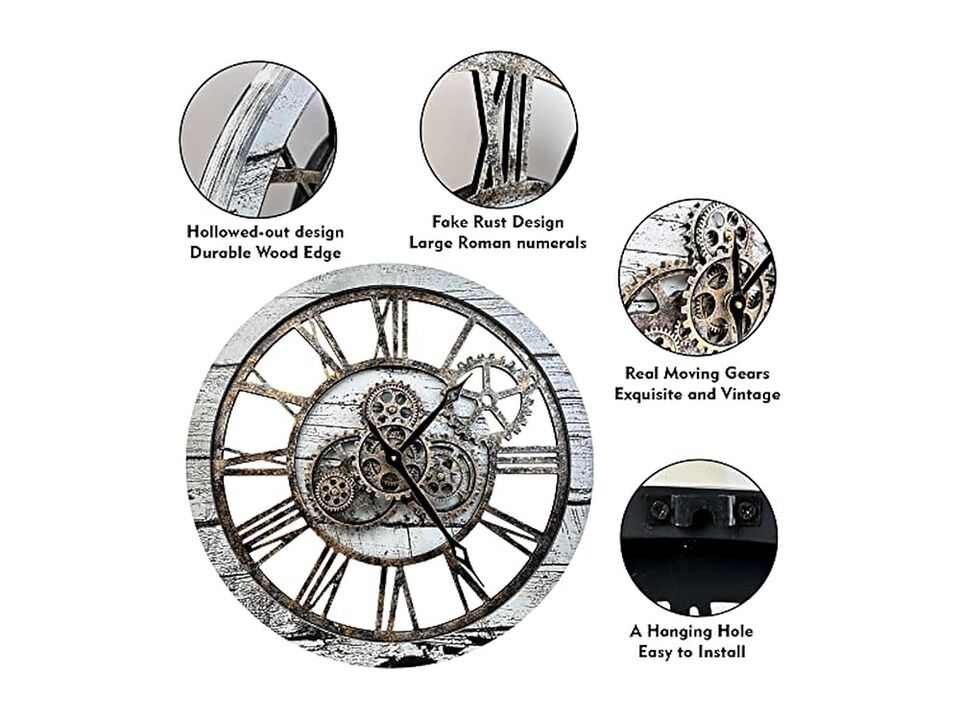 Style Gray White Moving Gear Vintage Wall Clock 24 Inch Wood Living Room Decor