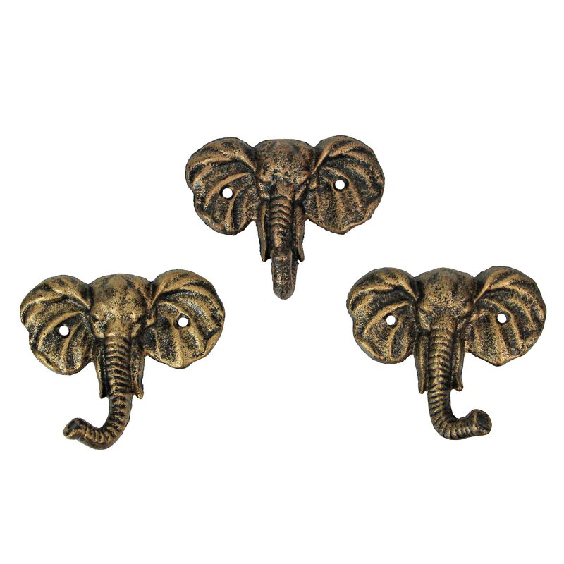 Set of 3 Cast Iron Elephant Antique Gold Wall Hooks - Stylish, Durable, and Functional Decorative Hooks for Organizing Hats, Towels, Coats, Keys, or Pet Leashes image number 0