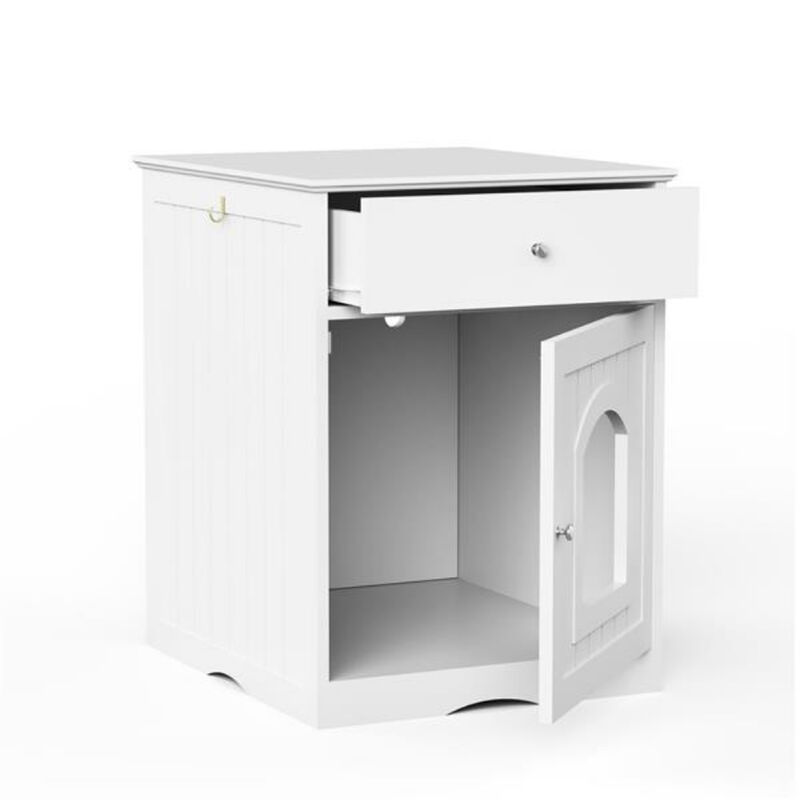 Wooden Cat Litter Box Enclosure with Drawer and Side Table Design