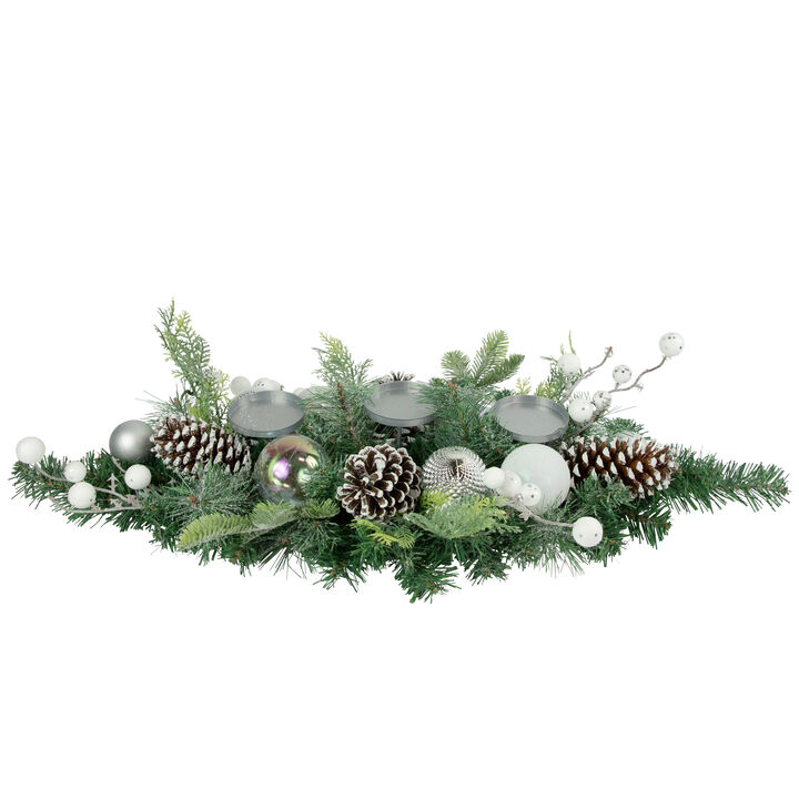 32" Green Pine Triple Candle Holder with Berries and Iridescent Christmas Ornaments
