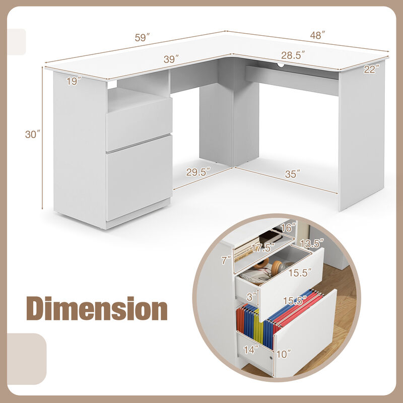 L-Shaped Computer Desk with Letter File Drawer for Home Office or Workspace Organization