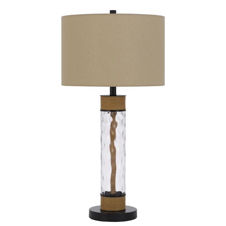 32 Inch Table Lamp, Rippled Glass Body with Rope, Burlap Shade, Metal Base