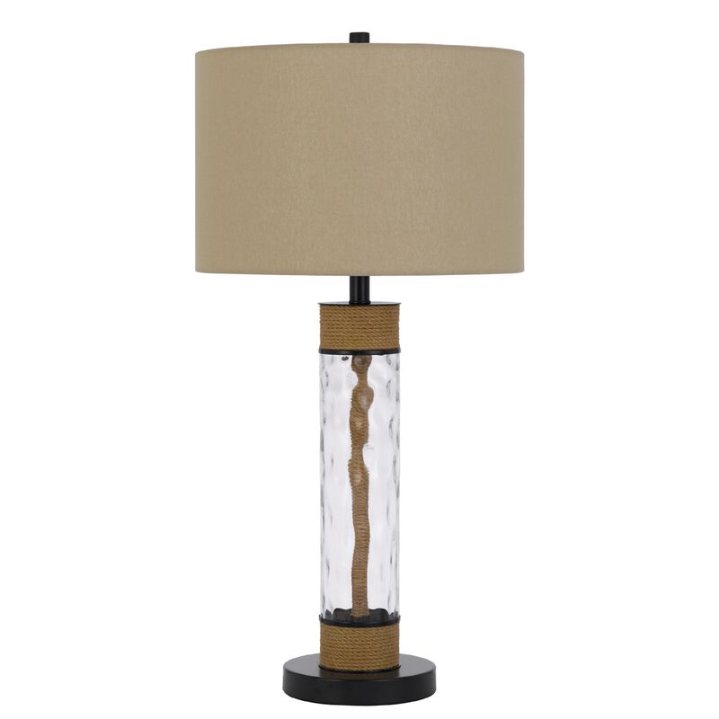 32 Inch Table Lamp, Rippled Glass Body with Rope, Burlap Shade, Metal Base image number 0