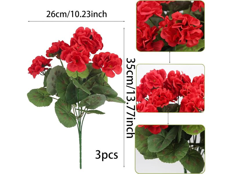 3 Piece Red Artificial Geranium Flowers UV Resistant Outdoor Vase Filler image number 2