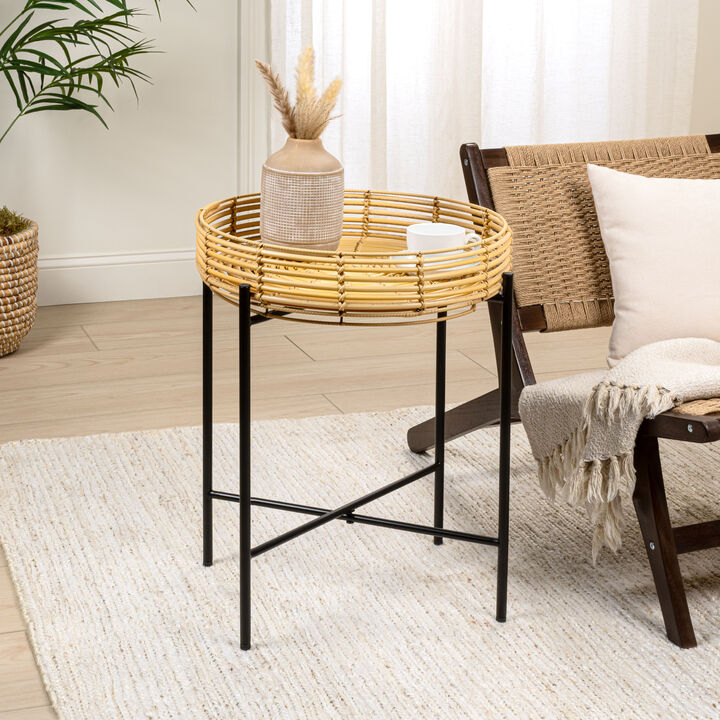 Malia Coastal Bohemian Faux Rattan Round Tray End Table with Metal Base