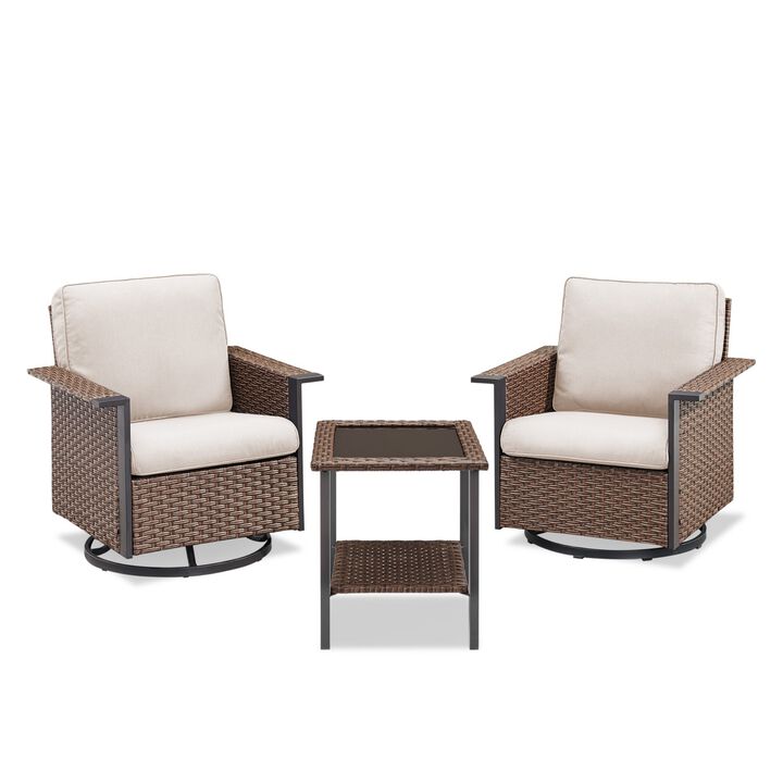 Outdoor Wicker Swivel Chair Set，Patio 3-Piece Conversation Set