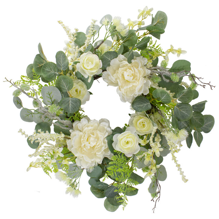 Peony  Rose and Mixed Foliage Artificial Spring Wreath  Unlit   20-Inch