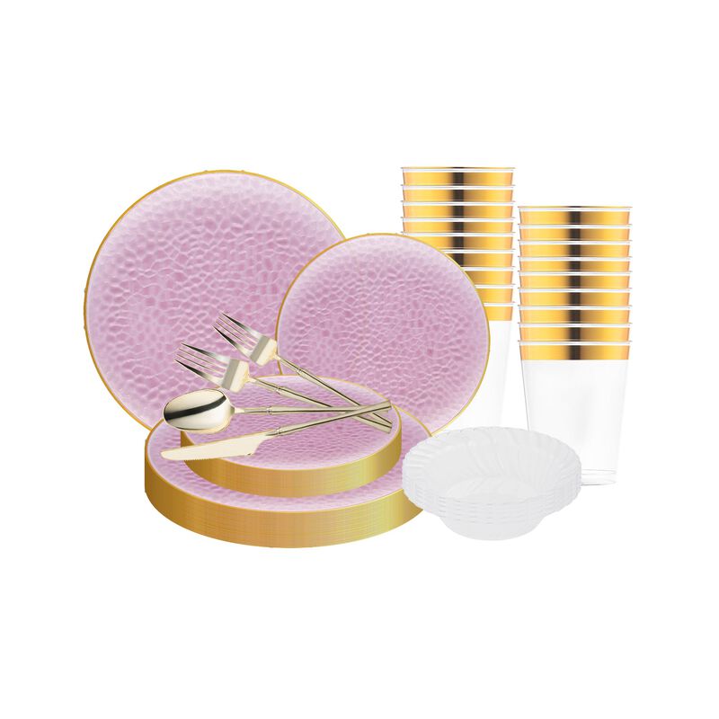 Clear Pink with Gold Rim Hammered Glass Plastic Tableware Set (120 Sets) image number 2