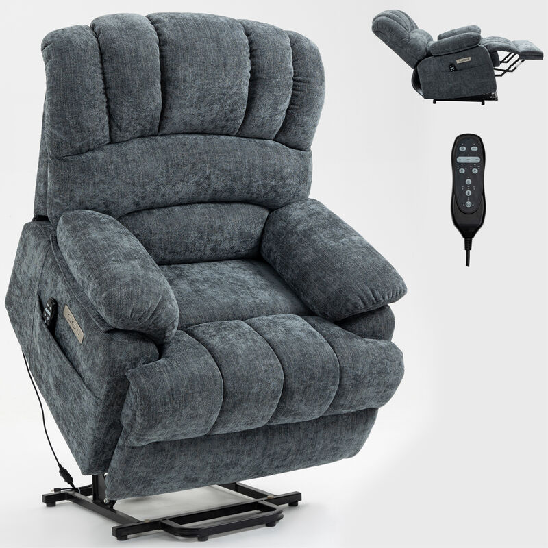 23" Seat Width and High Back Large Size Beige Chenille Power Lift Recliner Chair with 8-Point Vibration Massage and Lumbar Heating