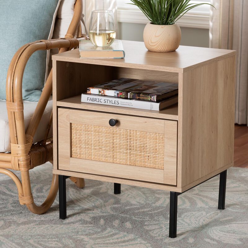 Baxton Studio Caterina Natural Brown Finished Wood and Natural Rattan 1 Door End Table image number 1