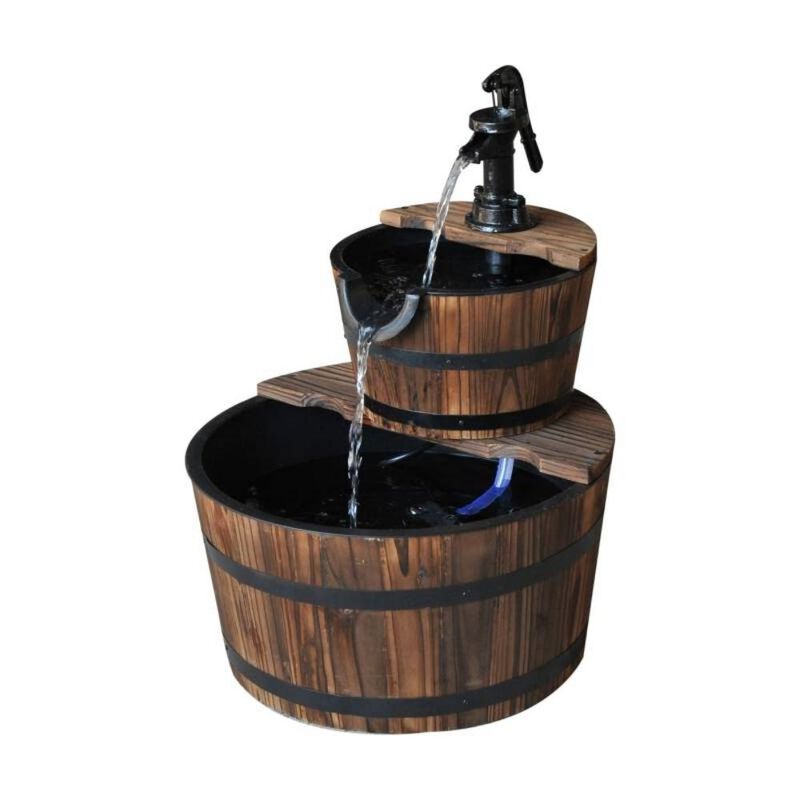 Outdoor 2-Tier Solid Wood Whiskey Barrel Waterfall Fountain with Electric Pump for Rustic Patio and Garden Décor