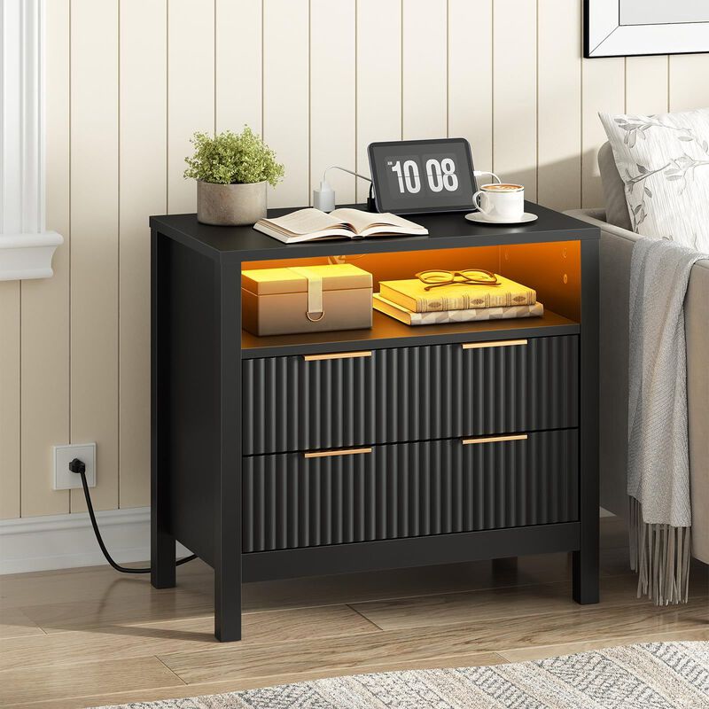 Modern Wooden Nightstand with LED Lights, Charging Station and Storage Space image number 1
