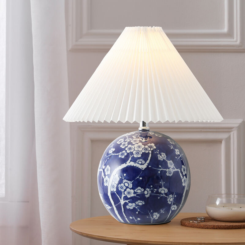 Shishen Cottage Classic Chinoiserie Ceramic Orb LED Table Lamp with Pleated Shade