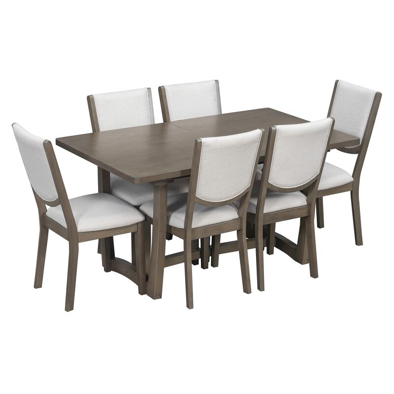 7 Piece Extendable Dining Table Set with 6 Upholstered Chairs, rectangular wood dining table set, dining room furniture set image number 0