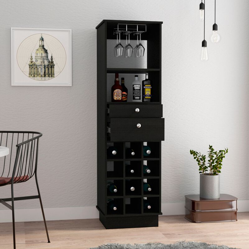 Classic Bar Cabinet, Two Drawers, Twelve Built-in Wine Rack-Black / Walnut