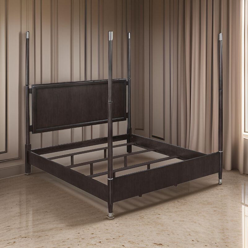 Amber Queen Size Poster Bed, Floating Headboard with Low Footboard, Brown - Benzara