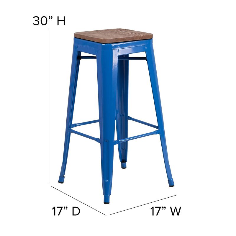Flash Furniture Lily 30" High Backless Blue Metal Barstool with Square Wood Seat