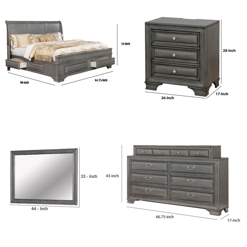 Lio Four Piece Queen Size Bedroom Set, Gray Wood Inlay Design, Nickel Metal Handles - Benzara