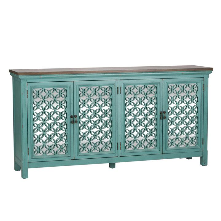 Liberty Furniture Kensington 4 Door Accent Cabinet in Turquoise w/ Worn Wood Tone Top