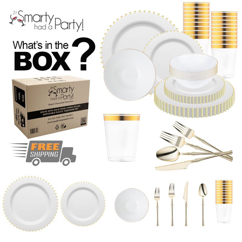 White with Gold Pearl String Round Plastic Tableware Set (120 Sets) image number 3